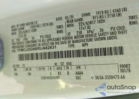 2024 Ford Escape Active z USA, uszkodzony, nr VIN 1FMCU0GN8RUA82631